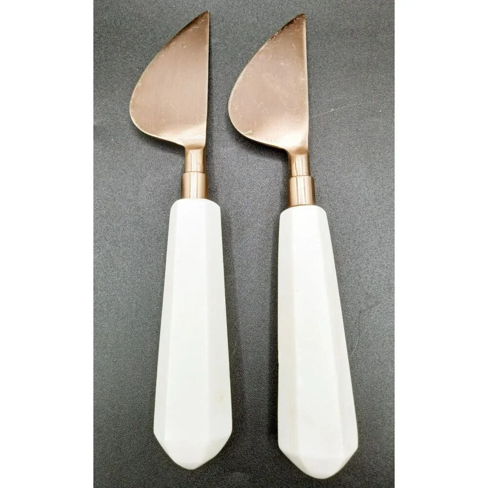 Cheese Knives Marble Handled Brass Toned Charcuterie India Vintage Set of 5